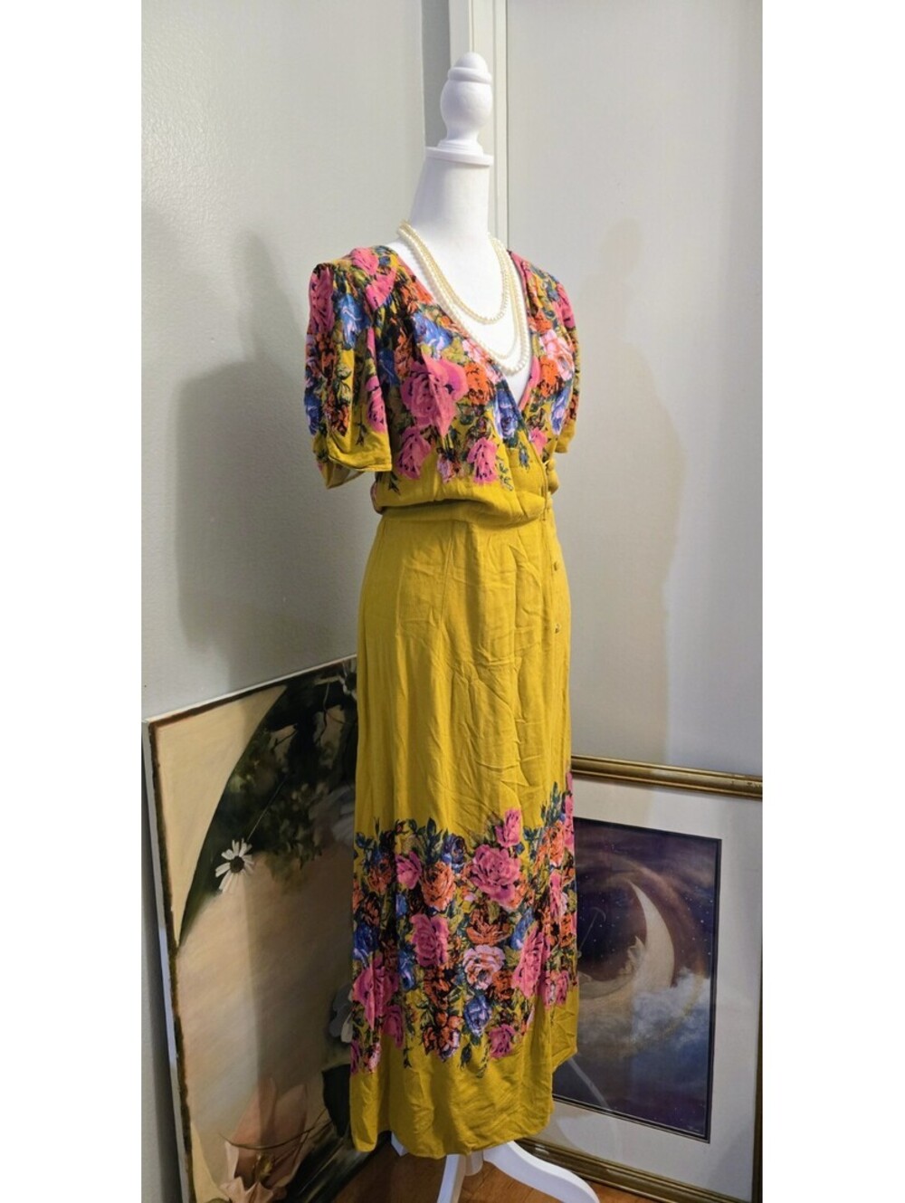 Free People Yellow Floral Midi Dress Size Small Boho V-Neck Button Front Rayon - Picture 5 of 10